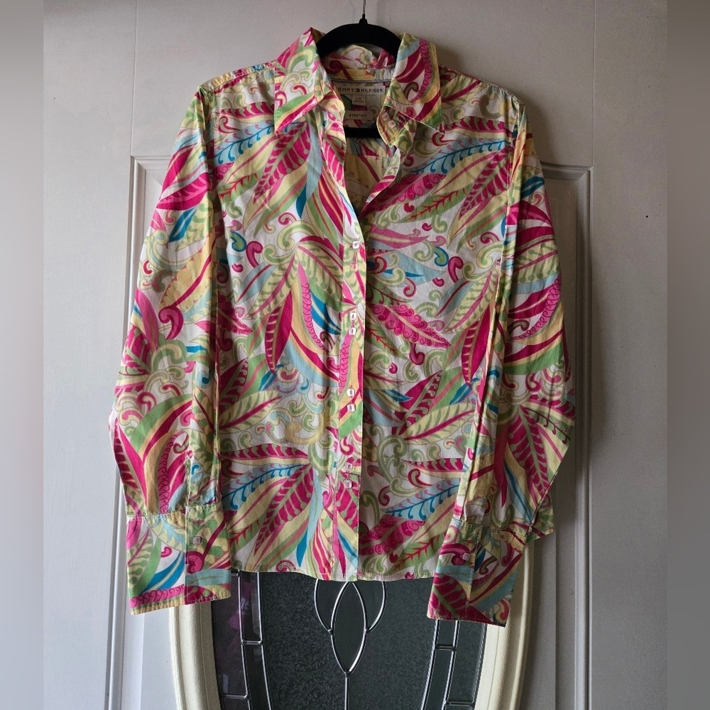 Vintage Tommy Hilfiger Paisley Button Down Shirt Pink Green Y2K Boho Large - Picture 2 of 9